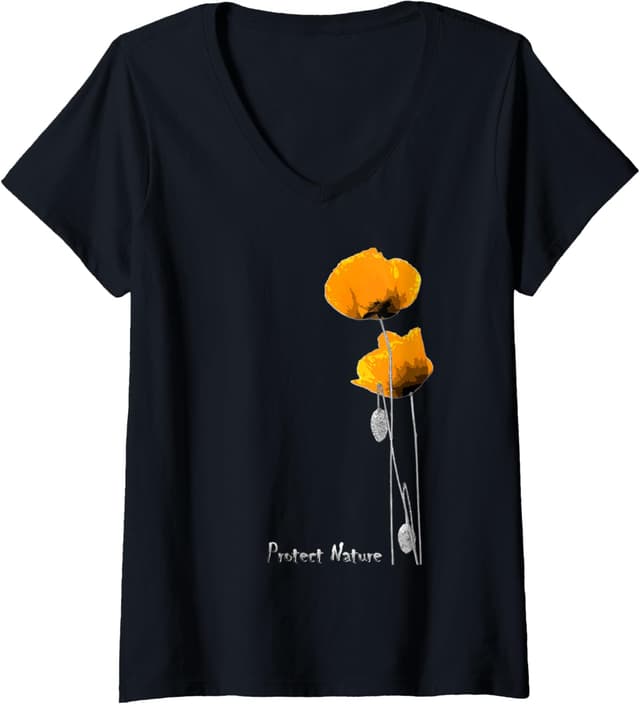 Detalle de Femme Protect Nature T-shirt col V « Pavots Orange et Abeille »