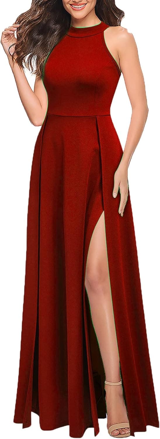 Detalle de MUSHARE Women’s Halter Neck Split Maxi Formal Dress (Bodycon Cocktail Party Style)