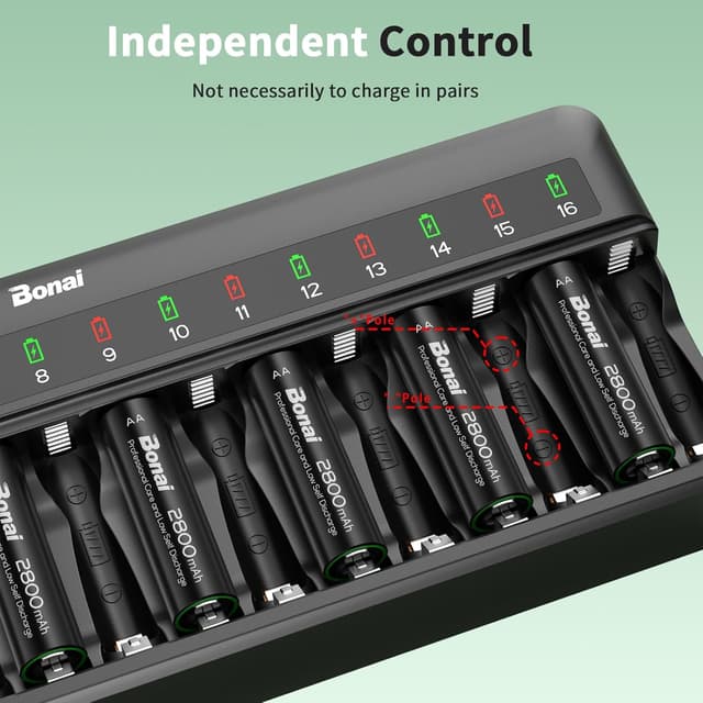 Detalle de Bonai Rechargeable AA Batteries (2800mAh) with 16-Bay Smart Charger — 16-Pack Ni-MH