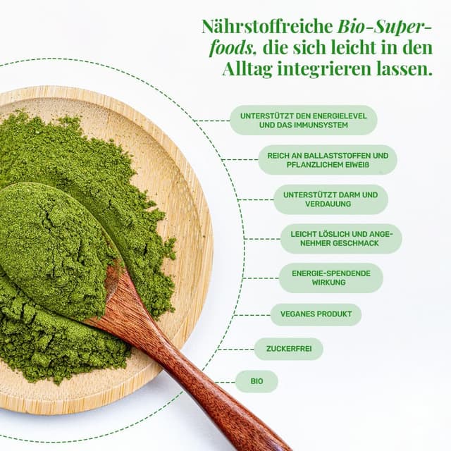 Detalle 2 de UKKO Vital Greens 500 g Superfood-Pulver mit Spirulina, Matcha und Weizengras