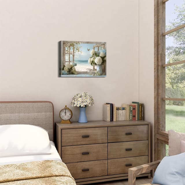 Detalle de Coastal Window Beach Wall Art Canvas – Blue Hydrangea Floral Seascape (12x16 inch, 1 panel)