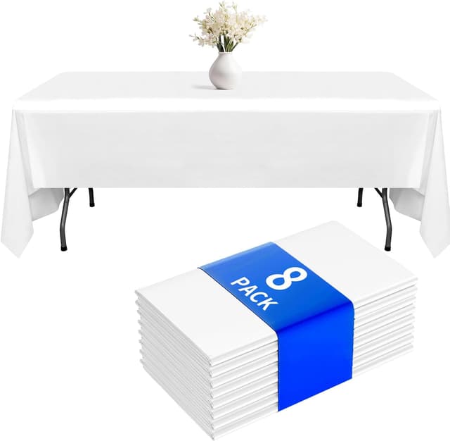Detalle de Fixwal Disposable White Plastic Table Cloth (8-Pack), 70 x 120 Inch Rectangular Cover for Parties & Picnics