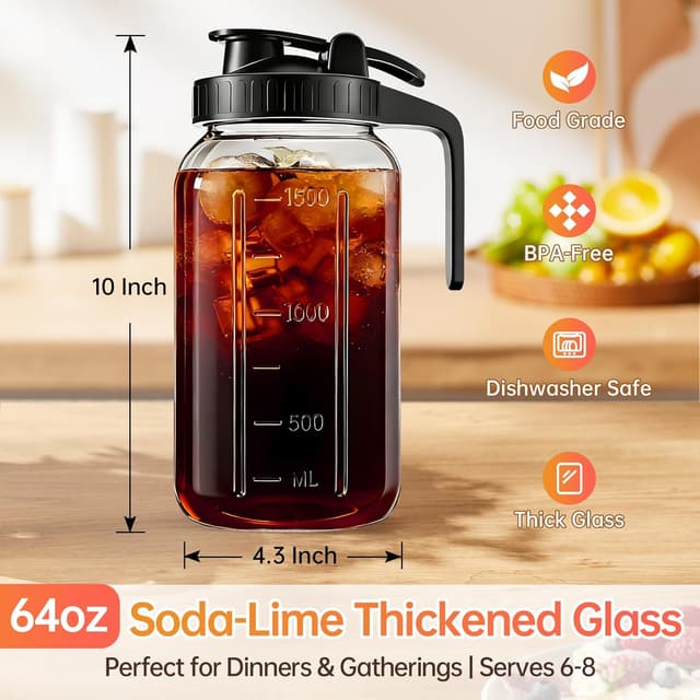 Detalle 2 de 64oz Glass Pitcher with Lid & Spout (2 Quart Mason Jars) – Airtight & Leakproof Breastmilk Pitcher