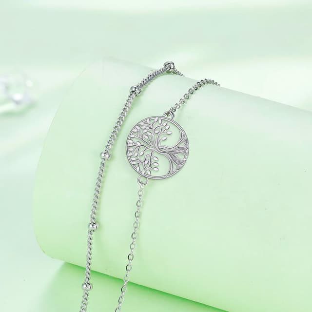 Detalle 2 de Hifeeled Damen Armband aus 925 Sterling Silber mit Doppelkette und Lebensbaum-Anhänger, verstellbar (16+4 cm)