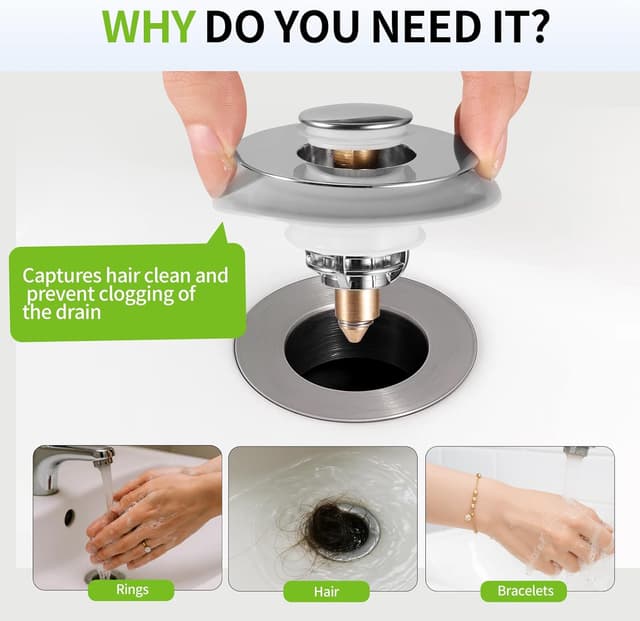 Detalle de MOPUBZO Tappo lavandino bagno universale Pop Up in acciaio inox (2 pezzi) per fori 32–62 mm