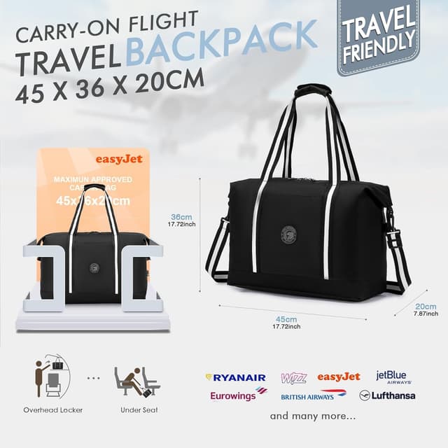 Detalle de BAGZY faltbare Reisetasche für Handgepäck 45 x 36 x 20 cm – wasserabweisende Umhängetasche im Kabinenformat