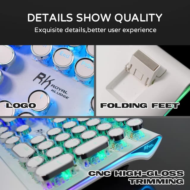 Detalle de RK ROYAL KLUDGE S108 Typewriter Gaming Keyboard with Number Pad, Detachable Wrist Rest, Blue Clicky Switches, Retro RGB