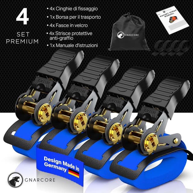 Detalle de Cinghie di fissaggio a cricchetto Premium (set da 4) da 800 kg con borsine e certificato DIN EN 12195-2