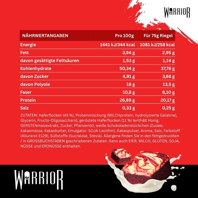 Detalle de Warrior Raw Protein Riegel Flapjack (Red Velvet Brownie) – zuckerarm, ballaststoffreich, 12 x 75 g
