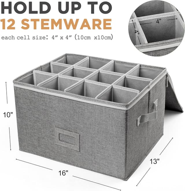 Detalle 2 de LotFancy Stemware Storage Container (Hard Shell) — Stackable Wine Glass Storage Box with Dividers & Handles