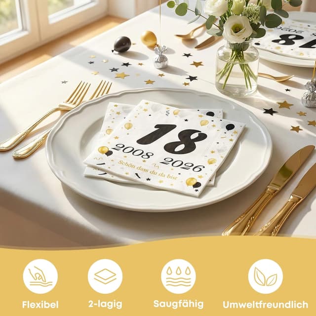 Detalle de 50 Stück Servietten zum 18. Geburtstag (2008–2026) Schwarz-Gold mit „Schön dass du da bist“