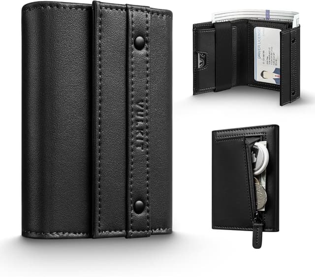 Detalle de VULKIT Portefeuille compact en cuir homme noir à 3 volets avec blocage RFID et poche zippée