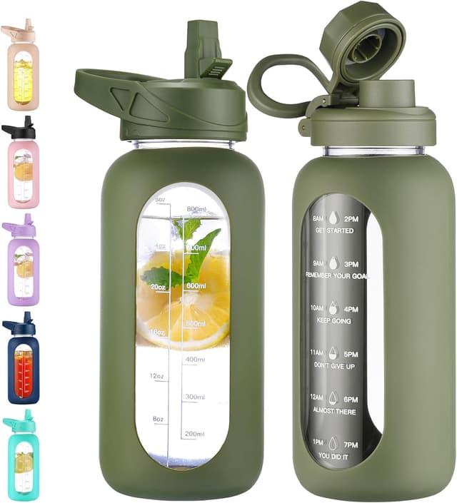 Detalle de CIVAGO 32 oz Glass Water Bottle with Straw, Handle & Time Markers (Leakproof) — Army Green