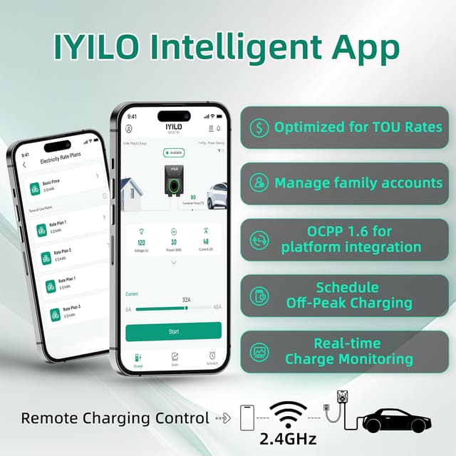 Detalle de IYILO Level 2 EV Charger (40A/9.6kW) J1772 with Wi‑Fi, RFID & Dual Temp Sensors, NEMA 14-50P, ETL & Energy Star