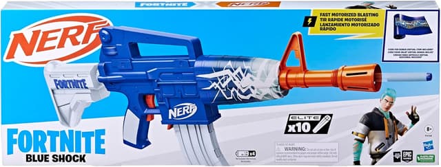 Detalle de Nerf Fortnite Blue Shock Blaster (Motorized) with 10-Dart Clip and 10 Elite Darts