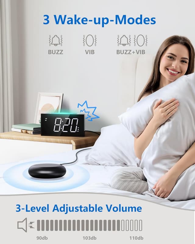 Detalle de Réveil numérique avec vibration pour dormeurs profonds et malentendants, chargeur C, format 12/24 h, écran LED grand format