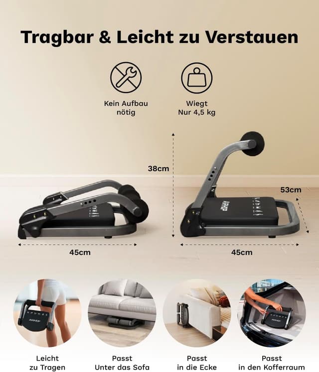 Detalle 2 de AIRHOP 8-in-1 Smart Core Ab Machine: klappbarer Bauchtrainer bis 100 kg für Zuhause & Büro