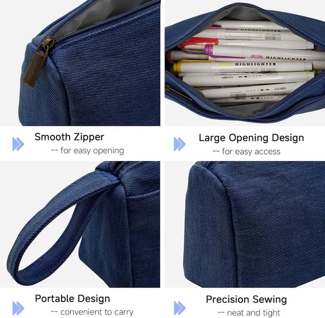 Detalle de Boziee Oxford-Stoff Federmäppchen Mäppchen (dunkle Denim) – große Kapazität mit Doppelreißverschluss