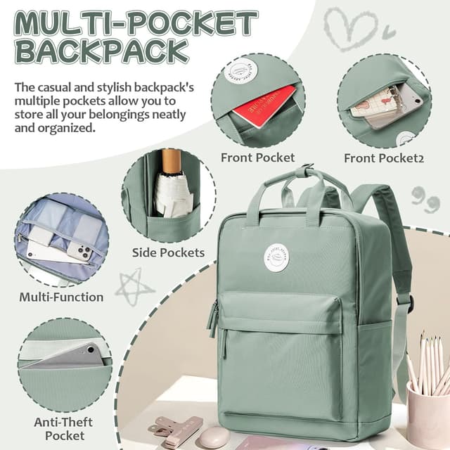 Detalle de HYC00 HYC00 Schulrucksack für Teenager Mädchen – College Laptop-Rucksack bis 15,6 Zoll, hellgrün