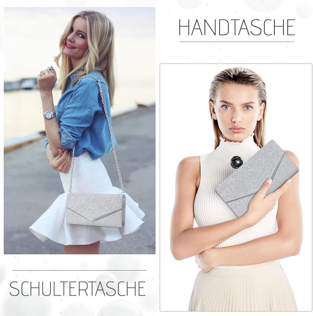 Detalle de fannos Clutch Silber – Abendtasche mit glänzendem Shiny Fabric, verstärkter Kette und Platz für Karten