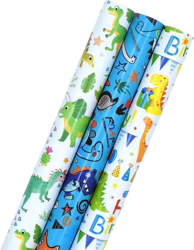 Detalle de 3 Rolls Dinosaur Wrapping Paper (43cm x 3m) — Kids Recyclable Gift Wrap for Birthday, Baby Shower & Parties