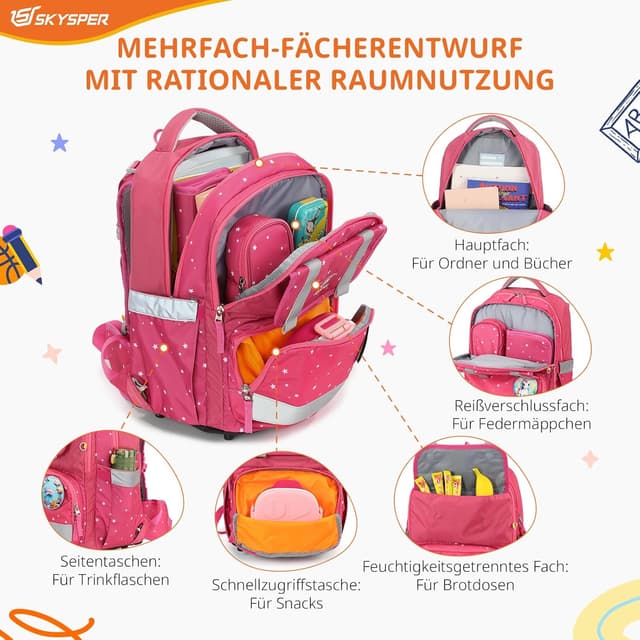 Detalle de SKYSPER Schulranzen-Set 5-teilig mit ergonomischem Tragesystem, 16L und 360° Reflektorstreifen