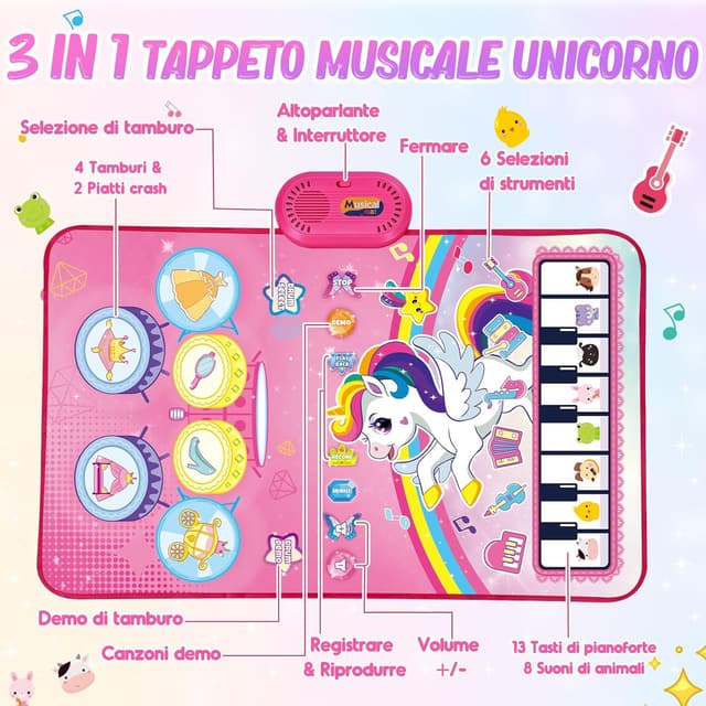 Detalle 1 de Dromlag Giochi Bambina 1 Anno – tappeto musicale 3 in 1 con 6 strumenti, registrazione e unicorno