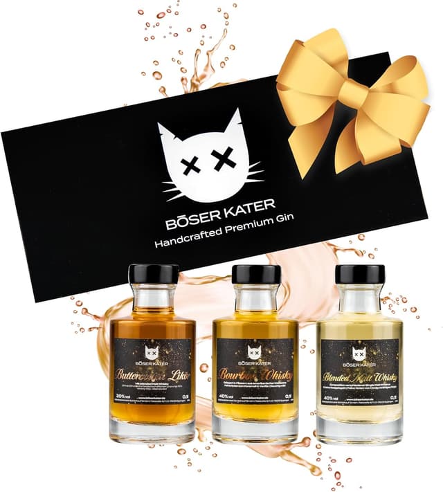 Detalle de BÖSER KATER Whisky Tasting Set (3×0,1 l, 40% Vol) in hochwertiger Geschenkbox – Bourbon, Blended Malt & Butterscotch Likör