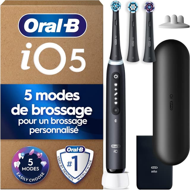 Detalle de Oral-B iO 5 noire : brosse à dents électrique iO 5 avec 5 modes, capteur de pression et étui de voyage