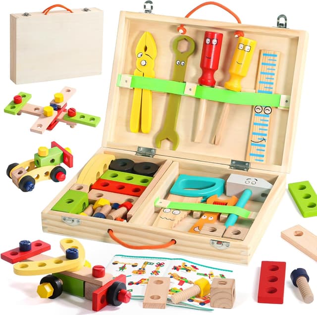 Detalle de Wooden Toys Kids Tool Set Wooden Tool Box Kit (34 pcs) for Pretend Play & Learning