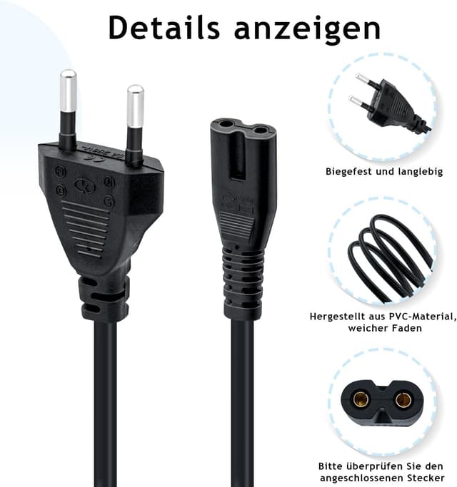 Detalle de Mcbazel 3 m Netzkabel mit Eurostecker auf C7-Buchse (2-polig) – Ersatzkabel für PS5/PS4/PS3, Xbox Series X/S & TV