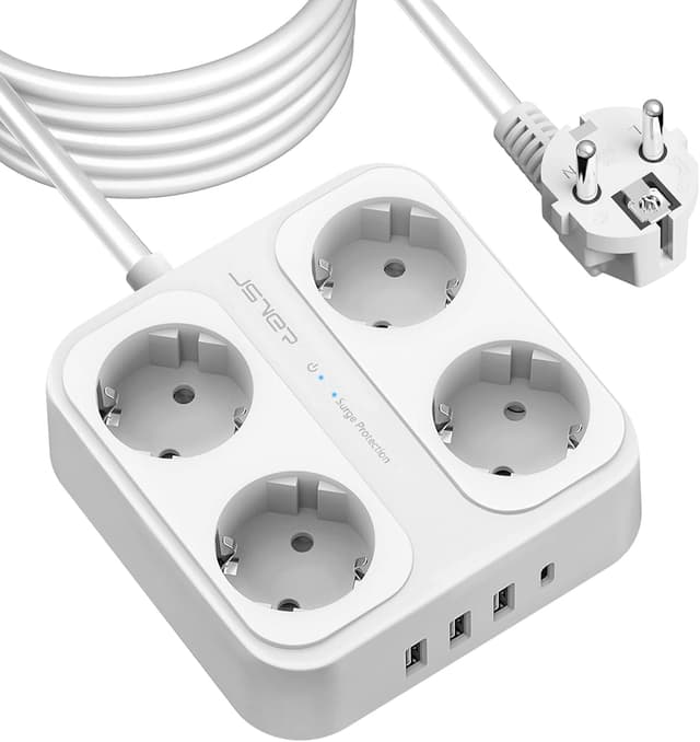 Detalle de JSVER Ciabatta Multipresa compatta con 4 prese AC e USB (3×USB-A + USB-C) con interruttore e protezione da sovratensione, bianco (5 m)