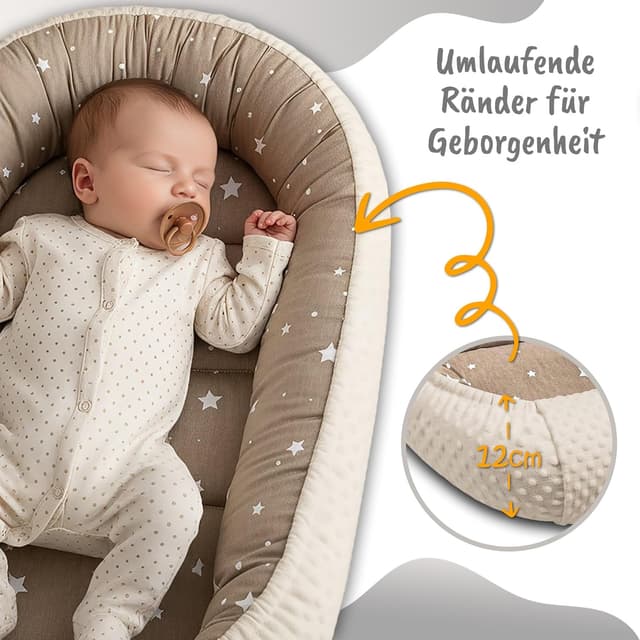 Detalle de Nestchen Baby Babynestchen für Neugeborene aus Baumwolle & Minky, tragbares Nest für Kinderbett, Beige mit weißen Sternen