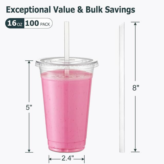 Detalle de AOZITA 16 oz Clear Plastic Cups (100 Sets) with Lids and Straws