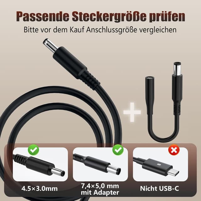 Detalle de 65-W-Laptop-Ladekabel (Netzteil) für Dell – kompatibel u. a. mit Inspiron & Latitude (19,5 V, 65 W max)