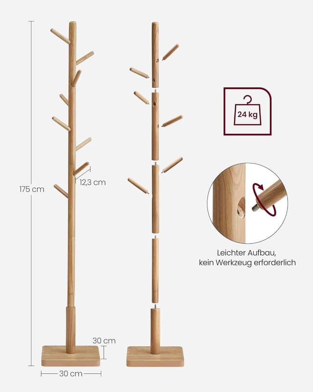 Detalle de VASAGLE Garderobenständer RCR010N01 aus massivem Kautschukholz, Baumform mit 8 Haken