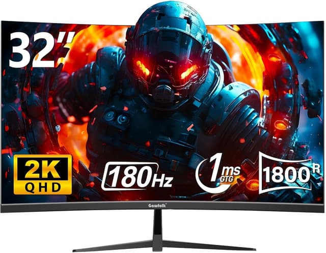 Detalle de Gawfolk 32-Inch Curved Gaming Monitor (180Hz QHD 2560x1440) with FreeSync, DisplayPort & HDMI