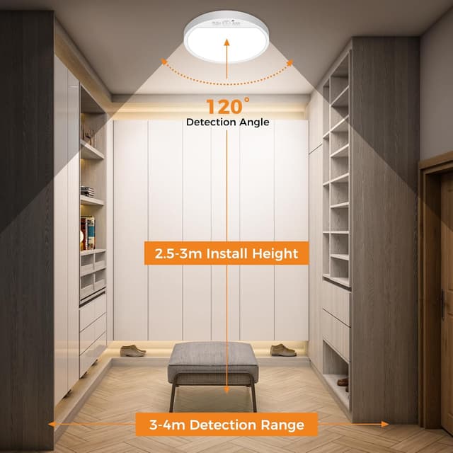 Detalle de slochi 2er-Set Deckenlampen mit Bewegungsmelder innen (15 W, 1.500 lm) – PIR-Sensor & 3 Farbtemperaturen