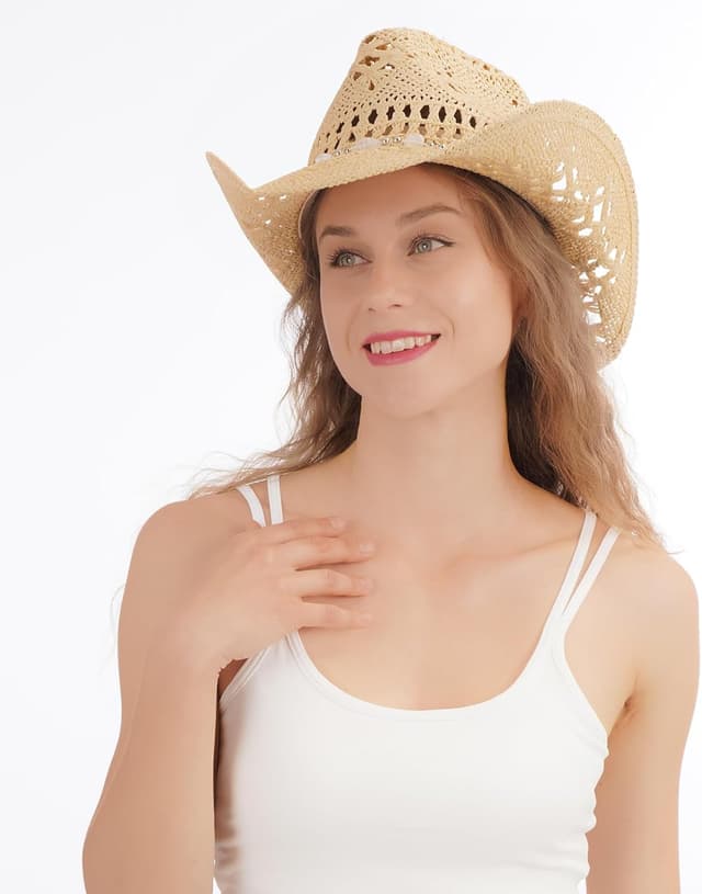 Detalle de WQWOVRVO straw cowboy hat with shapeable wide brim (white/black) for women and men