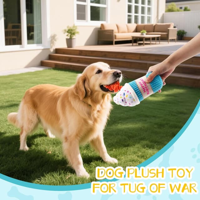 Detalle de La Desire Birthday Balloon Dog Toy with Rope Leg (ice cream) – soft plush squeaker for tug & light chewing