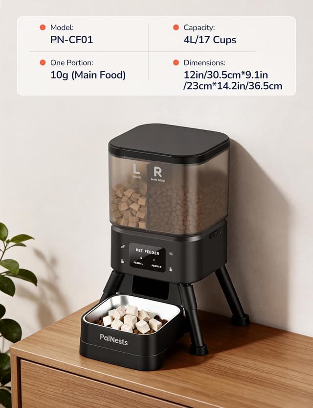 Thumbnail 6 de Automatic Cat Feeder Dual Hopper (PalNests) – 4L Smart WiFi Dry Food Dispenser with Timer