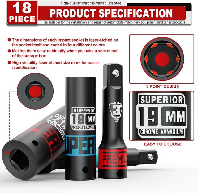 Detalle 2 de KIRXST Set bussole a impatto 1/2" 10–24 mm (18 pezzi) con barre di estensione 3”, 5” e 10”