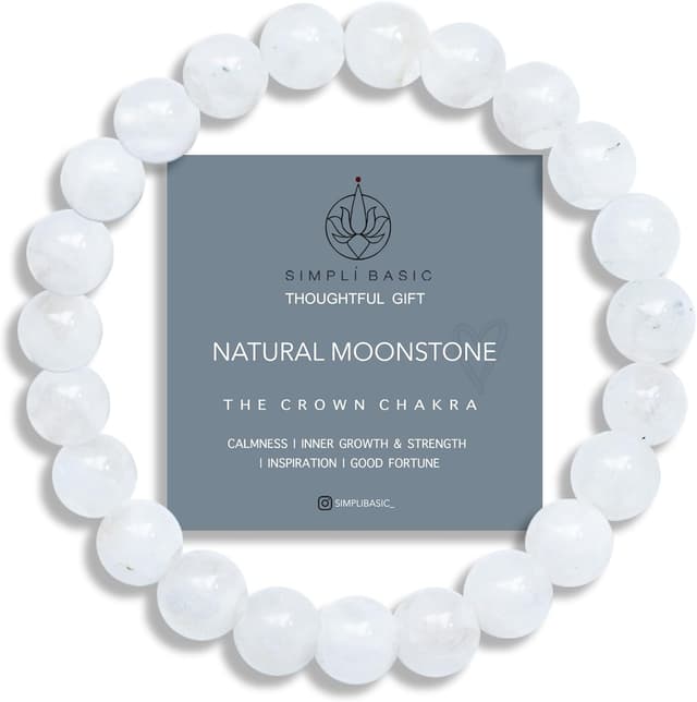 Detalle de SIMPLÍ BASIC Natural Moonstone Healing Crystal Gemstone Bracelet (8mm beads) – Unisex adjustable elastic bracelet