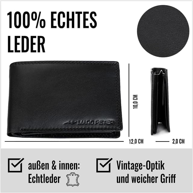 Detalle de Marc Peter® Hanover Herren-Geldbörse aus echtem Leder mit RFID-Schutz, Schwarz (Nappa) – 12 x 9,5 x 2 cm