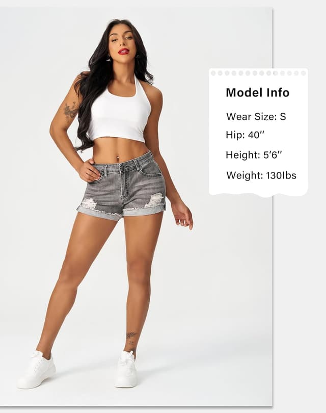 Detalle de roswear Women’s Ripped Mid-Rise Stretchy Denim Jean Shorts