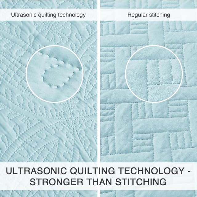 Detalle de Love’s cabin Queen Quilt Set (Spa-Blue) with Coin Pattern — 3-Piece Lightweight Bedspread + Shams