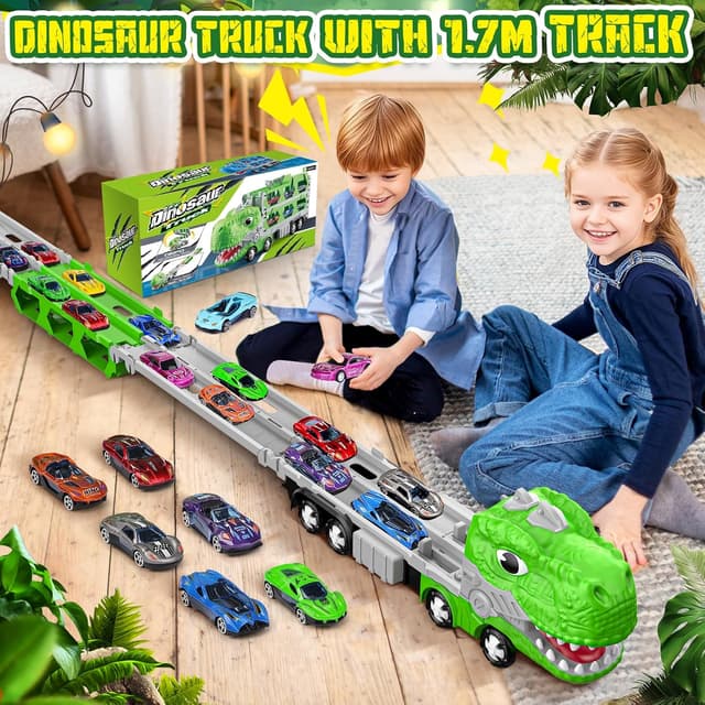Detalle 2 de maysida Dino Transporter Truck mit 6 Autos und klappbarer 170‑cm Rennstrecke