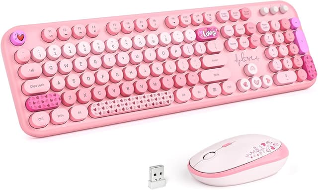 Detalle de MOWUX Wireless Keyboard and Mouse Combo (Full-Size Typewriter Retro Round Keys) + Cute Optical Mouse, Plug and Play — Pink Heart