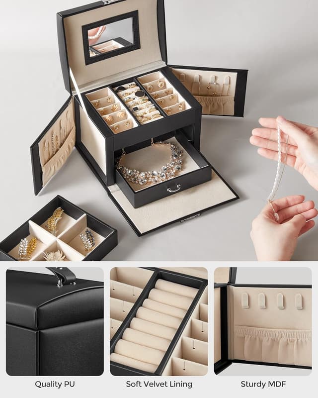 Detalle 1 de SONGMICS 3-Tier Lockable Jewellery Box JBC154B01 with Mirror, 2 Drawers & Handle