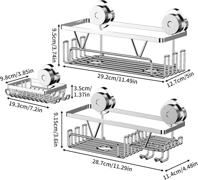 Thumbnail 6 de ZUNTO Wall-Mounted Shower Caddy with Strong Suction Cups (Silver) – waterproof suction storage with hooks and quick-drying rack